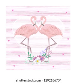 vector illustration of two flamingos and flowers, beautiful Valentine's day card, wedding, birthday