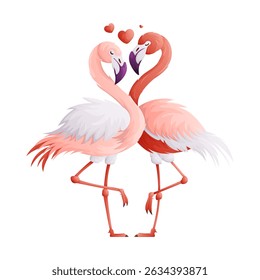 A vector illustration of two flamingos in love. Their necks are intertwined, forming a heart shape, with small hearts floating above them isolated on white background.