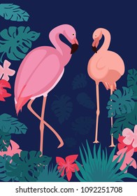 Vector illustration of two flamingos on a background of tropical leaves