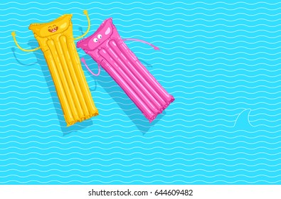 Vector illustration of two floating air mattresses having fun in the summer and afraid of a shark in the water. Yellow and pink holiday mattresses