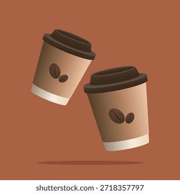 Vektorgrafik von zwei schwimmenden Kaffeetassen zum Mitnehmen mit Kaffeebohnensymbolen, im modernen flachen Stil mit warmen Brauntönen und weichen Schatten gestaltet