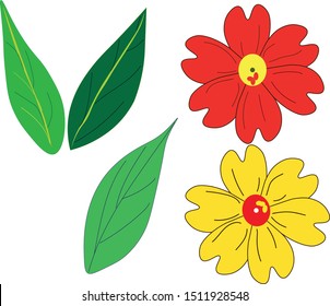 Vector of illustration of two flowers and leaves with white background