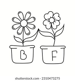 Ilustración vectorial de dos flores en una olla, amistad al estilo doodle. Aislado sobre un fondo blanco