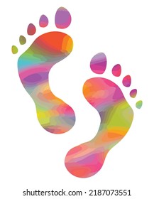 Vector illustration of two footprints in bright colors isolated on white. Rainbow colored feet. Carbon footprint concept