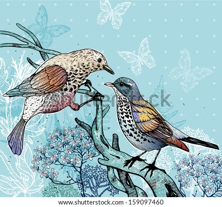  vector illustration of two forest birds and blooming plants