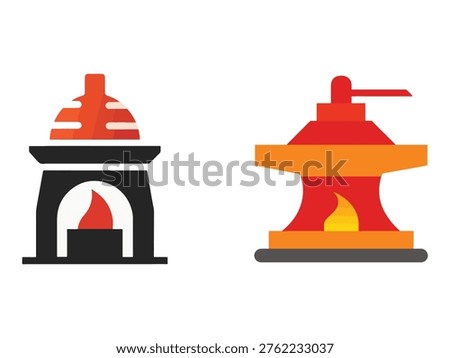 Vector illustration of two forges with fire for metalworking and crafting industrial equipment for heating and shaping metal