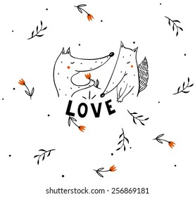 vector illustration of a two foxes in love