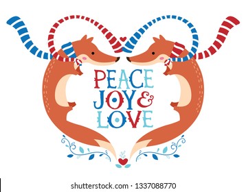 Vector illustration of two foxes with peace, joy, and love