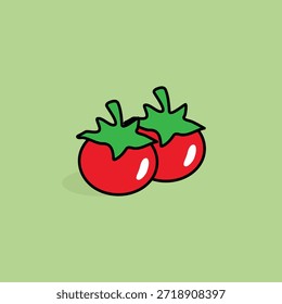 Vector illustration of two fresh red tomatoes with green leaves, representing healthy organic vegetables and fresh food