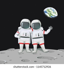 Vector illustration. Two friendly astronauts waving and with hands on shoulders standing on the moon surface. The Earthrise on the dark  background.