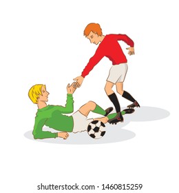 Vector illustration of two friendly cartoon football players on the football field, with balls helping each other separately on a white background.