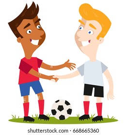 Vector illustration of two friendly cartoon soccer players standing on football field with the ball shaking hands respectfully isolated on white background