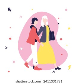 Vector illustration of two friends chatting. Modern vector silhouette drawing, vector of women shopping. Hand-drawn. 2 color, two-color process.  Walk, girl