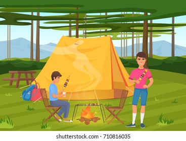 Vector illustration of two friends cooking bbq barbeque and sitting near camping tent.