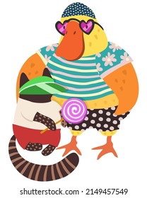 Vector illustration of two friends, cute duck and cat with lollipop. Isolated on white background.
