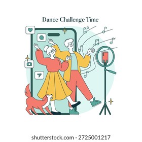 Ilustração vetorial de dois amigos dançando com entusiasmo para um desafio online, acompanhados por um cachorro feliz. Tela grande do smartphone, notas musicais e suporte da câmera completam a cena.