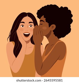Vector illustration, two friends of different nationalities share a secret, gossip. One whispers, the other is surprised and smiles. Friendship day, trust, emotions. Women's day. For women's projects