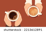 Vector illustration of two friends drinking hot coffee, a cup of latte, top view on a table in a cafe. Women's friendship in autumn. Friendly support in difficult times. A cup of warmth. 10 eps
