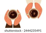 Vector illustration of two friends drinking hot coffee, latte cup, top view of cafe table. Female or male friendship. Friendly support in difficult times. Cup of warmth. 10 eps