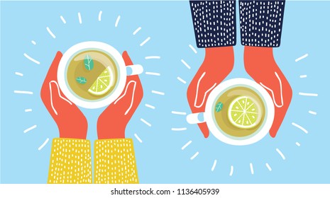 Vector illustration two friends drinking herbal Tea, Cup Mug, Top view of table in cafe. Woman friendship in autumn. Friendly support in difficult times. Tea with lemon.