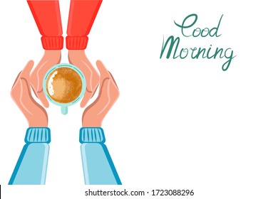 Vector illustration of two friends drinking coffee. Tea coffee break, mug, top view. Good morning. Friendly support in difficult times, the conversation. banner. Conversation with a psychologist.