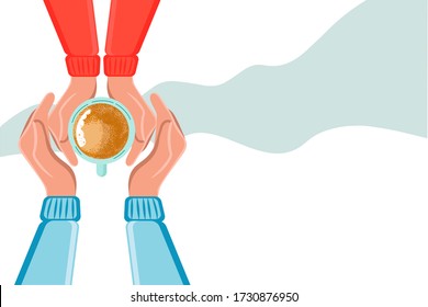 Vector Illustration Of Two Friends Drinking Coffee. Tea Coffee Break, Mug, Top View. Good Morning. Friendly Support In Difficult Times, The Conversation. Banner. Conversation With A Psychologist.