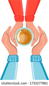 Vector illustration of two friends drinking coffee. Tea coffee break, mug, top view. Good morning. Friendly support in difficult times, the conversation. banner. Conversation with a psychologist.