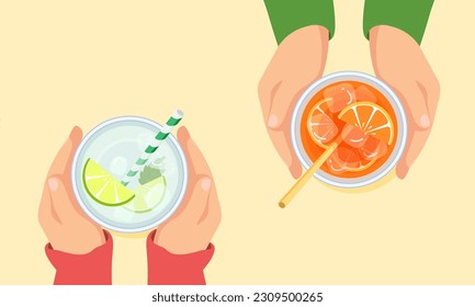 Vector illustration of two friends drinking a refreshing cocktail, a glass of mojito and an aperol syringe, top view on a table in a bar.Summer vacation with a friend. Alcoholic cold drink. 10 EPS