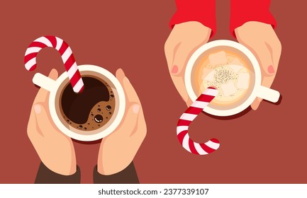 Vector illustration of two friends drinking hot coffee with marshmallows and candy cane, top view on table in cafe. Warm time of New Year and Christmas. Hot drink. Friendly support in difficult times.