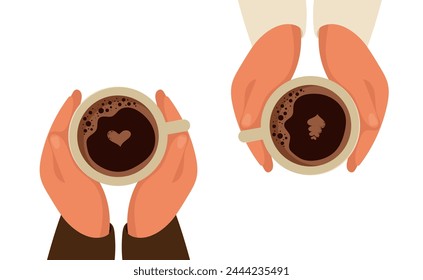 Vector illustration of two friends drinking hot coffee, latte cup, top view of cafe table. Female or male friendship. Friendly support in difficult times. Cup of warmth. 10 eps