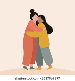 Vector Illustration of Two Friends Embracing in Soft Pastels