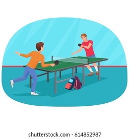 The vector illustration of two friends playing the table tennis.