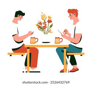 Una Ilustración vectorial de dos amigos sentados en una mesa, charlando sobre bebidas, aislados sobre un fondo blanco. Perfecto para diseños sociales, de ocio o de estilo de vida.