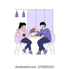 Ilustración vectorial de dos amigos sentados en una mesa de café, conversando alegremente sobre café y pasteles. El ambiente relajado destaca la amistad y el ocio.