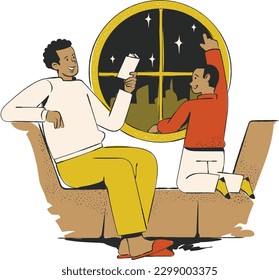 Vektorgrafik von zwei Freunden, die zu Hause fernsehen. Männer und Frauen, die im Sessel sitzen.