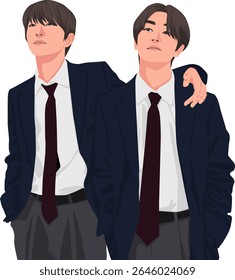 Vector Illustration of two friends wearing professional suits, embracing each other showing friendship. This artistic representation emphasizes friendship.