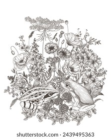 Vector illustration of two frogs in the forest among wildflowers in engraving style