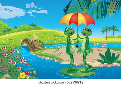 Vector illustration of two frogs under a sun umbrella, floating on the lazy river