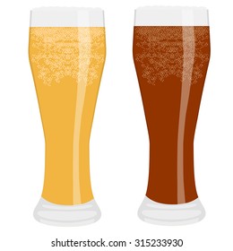 Vector illustration of two frosty beer glasses. Full beer glass. Light and dark beer. Glass of cold beer.