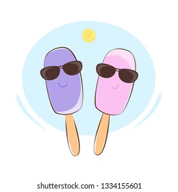 Vector illustration of two fruit ice cream on the background of the summer sky and the bright sun
