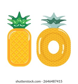 Vector illustration of two fun pineapple-shaped inflatable pool floats — one in mattress form and one in donut ring style. Bright tropical design perfect for summer, beach themes, and vacation concept