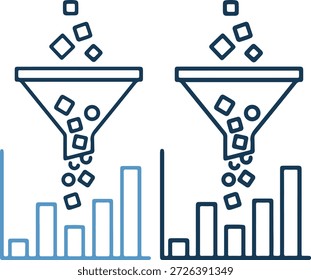 Una Ilustración vectorial de dos gráficos de embudo con gráficos de barras en línea azul sobre un fondo blanco, que representan el análisis de datos y estadísticas
