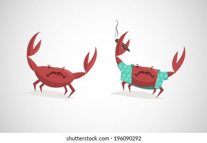 Vector illustration of two funny cartoon crabs with cigar 
