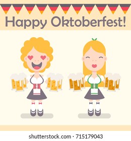 Vector illustration: two funny emotional female characters Traditional Waitress with beer mugs in flat style for Oktoberfest decor with garland of german triangle flags isolated on white background
