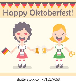 Vector illustration: two funny emotional female characters with beer mugs. flag and brezel in flat style for Oktoberfest decor with garland of german triangle flags isolated on white background
