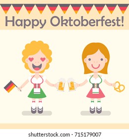 Vector illustration: two funny female characters with beer mugs, flag and brezel in flat style for Oktoberfest decor with inscription and garland of german triangle flags isolated on white background
