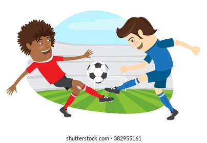 Vector illustration Two funny men soccer player playing football competition fighting for a ball 