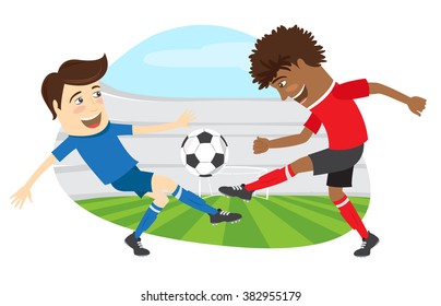 Vector illustration Two funny men soccer player playing football competition fighting for a ball 