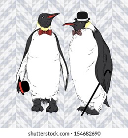 Vector Illustration of two Funny Penguins dressed in Retro Style Isolated on geometric background