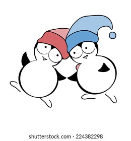 Vector illustration, two funny penguins